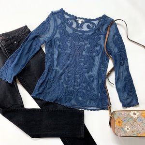 Express Sheer Long Sleeve Embroidered Blouse, Long Sleeve Top, Net